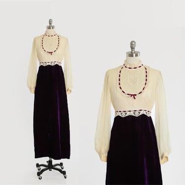 Vintage 70s ivory silk crochet boho purple velvet Maxi dress 