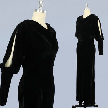1930s Dress / 30s Black Silk Velvet Gown / Slashed Juliet Sleeves / Keyhole Back / Bias Cut 