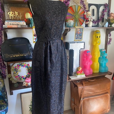 Vintage 60s Mod Lurex Holiday Cocktail Tank Dress with Matching Jacket; 50s Black Tinsel Matching Dress Set with Novelty Floral Print 