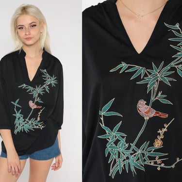 Floral Bird Blouse 70s Black Asian Inspired Top Floral Bird Bamboo Print Hippie Shirt V Neck 3/4 Sleeve Boho Festival Vintage 1970s Large L 