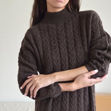 cableknit wool heathered brown mockneck midi sweater dress 