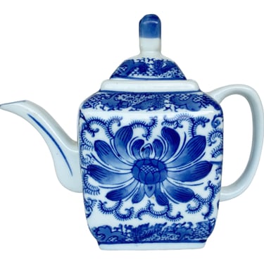 Small vintage ceramic teapot. Square blue & white floral china tea pot holds 22 oz. Made by Nantucket in China 