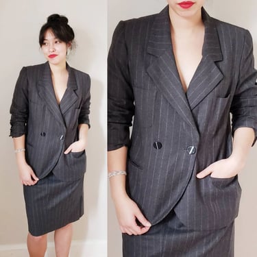 1980s Gray Wool Pinstriped Skirt Suit Louis Feraud / 80s Tailored Blazer Knee Skirt Minimalist Office Working Girl Lady Boss / M/L Gail 
