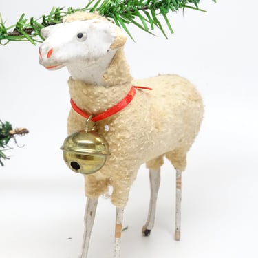 Antique Large 5 Inch 1930's German Wooly Sheep with Bell, for Putz or Christmas Nativity, Vintage Holiday Decor 