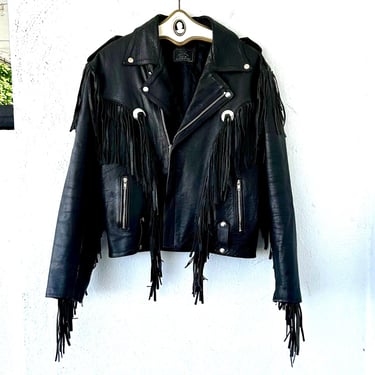 Vintage Leather Motorcycle Jacket Southwestern Fringe Black Coat 