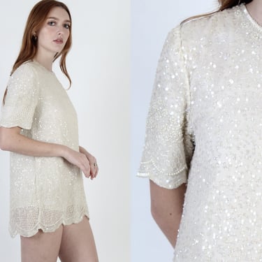 Nude Beaded Micro Mini Dress / Vintage 80s Sheer Skin Color Deco Sequin Dress / Scallop Cocktail Silk New Years Eve Dress 
