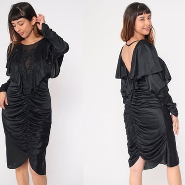 80s Black Party Dress Beaded Sheer Neckline Dress Backless Cape Sleeve Ruched Bodycon Going Out Midi Evening Cocktail Vintage 1980s Medium 8 