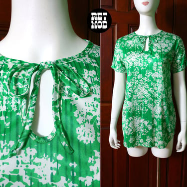 Comfy Cool Vintage 60s 70s Green White Floral Slinky Tunic Top 