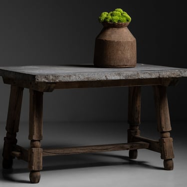 Oak &amp; Belgian Bluestone Trestle Table / Carved Wooden Vessel