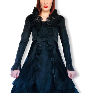 Vintage 1960's Black Sheer Organza Gothic Vamp Dress w/ Dramatic Stand Up Ruffled Collar - size Small to XS Extra Small 