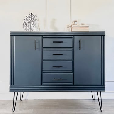 Stunning refinished navy-black buffet / Tv stand / credenza / entryway storage / console on hairpin feet 