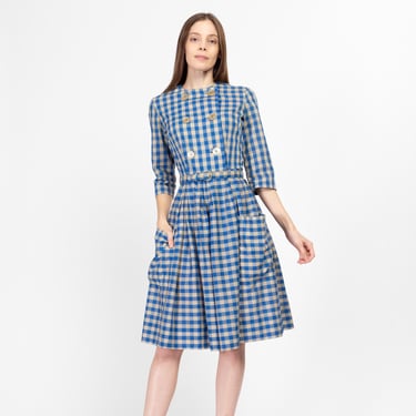 XS 1950s Blue Gingham Belted Fit & Flare Day Dress | Vintage 50s Haymaker Checkered Chore Pocket Retro Midi Shirtdress 