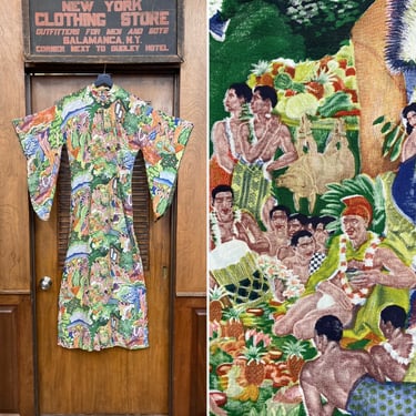 Vintage 1940’s Kamehameha Eugene Savage Menu Print Rayon Pake Muu Hawaiian Dress, Tiki, Tropical, Hawaiian, Kamehameha, Eugene Savage, 1940s 