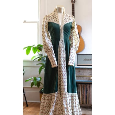 Vintage Gunne Sax Dress - Green Velvet, Calico - 1970s - Western Boho, Prairie Dress, Corset Maxi - FREE US SHIPPING 