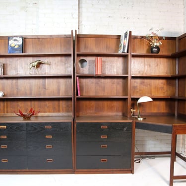 Vintage mcm walnut wall unit with 9 drawers and corner desk by Founders Furniture | Free delivery in NYC and Hudson Valley 