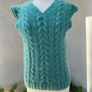 Vintage preppy hand knit sweater vest cable style green teal colors  S/XS unisex 