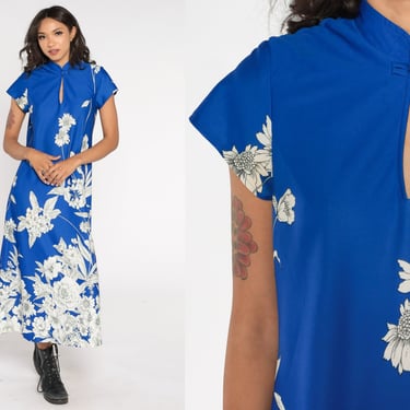 Floral Maxi Dress 70s Blue Boho Flower Print Dress Cap Sleeve Mandarin Collar Keyhole Garden Party Flower Print Hippie Vintage 1970s Medium 