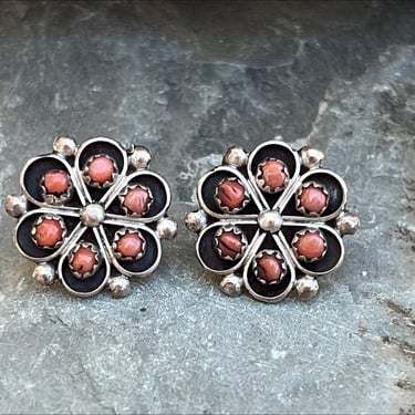 Vintage Southwestern Sterling Silver and Red Coral Flower Post Earrings 