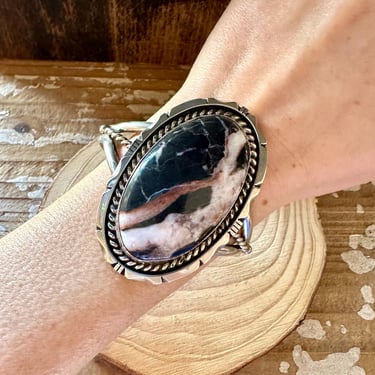 EDDIE SECATERO Navajo White Buffalo Turquoise Sterling Silver Cuff 64g | Large Bracelet Native American Statement Jewelry, Southwestern 