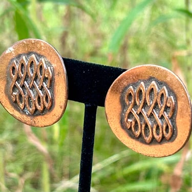 Vintage Copper Earrings Clip On Handmade Jewelry Geometric Design Retro Fashion 