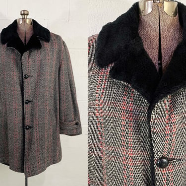 Vintage Tweed Winter Coat Peacoat Hipster John Blair Jacket Outdoor Black Red Gray Faux Fur Lined Pea Coat 1960s 1970s XL Large 