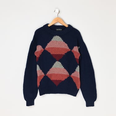 Vintage 90s Patterned Wool Sweater - hand knit, geometric, dark blue - Men's M 