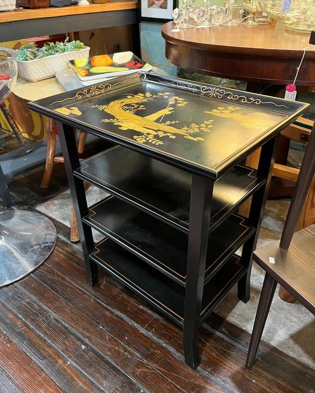 Black and gold Asian motif side table with shelves! 20” x15” x25” 