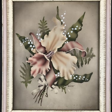 Airbrushed Daffodil Flowers with Bow Mid Century Art Signed by Terone 