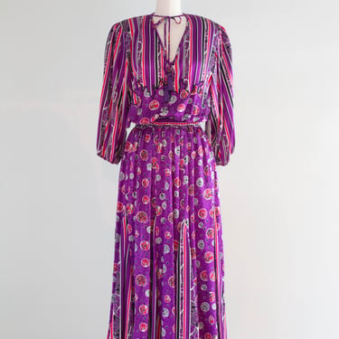 Fabulous 1980's Diane Freis Purple Silk Dress With Tassels and Gored Skirt / M