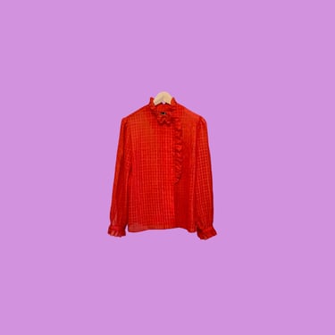 Ruffle Collar Blouse, Red Vintage 90s High Collared Semi Sheer Puff Sleeve Top, Oversized Romantic Long Sleeve Button Up Secretary Blouse 