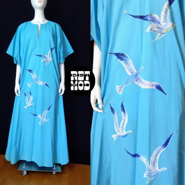 FANTASTIC Vintage 70s Blue Cotton Caftan with Hand-Painted Seagulls 