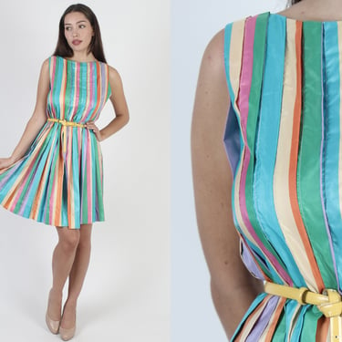 Rainbow Striped Mini Dress / Thin Horizontal Geometric Print / Vintage 70s Shiny Disco Party Dress / Multi Color Womens Outfit 