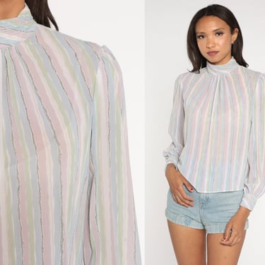 Pastel Striped Shirt 80s Puff Sleeve Blouse Sheer Mock Neck Long Sleeve Top Button Back Top Vintage Shirt Lavender Green Blue Small 