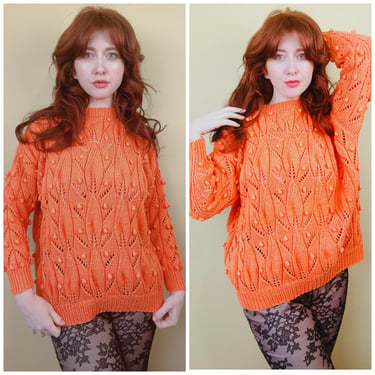 1990s Vintage Cotton Orange Pom Pom Sweater / 90s Pointelle Knit Jumper / Size Small - Medium 