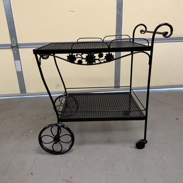 Vintage Mid Century Modern Salterini Style Outdoor Iron Bar Cart on Wheels 