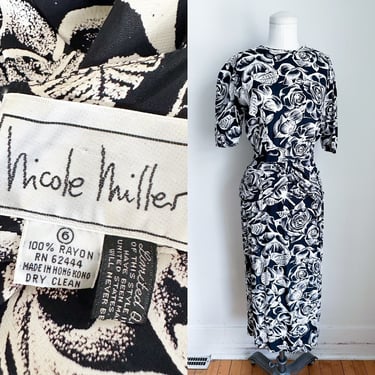 Vintage 1990s Nicole Miller Rose Print Rayon Dress / XS-S 