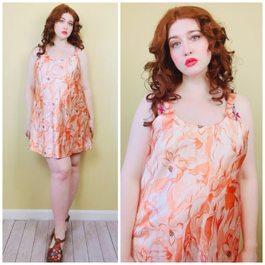 1990s Vintage Peach Poly Silk Mini Slip Gown / 90s Floral Bow Babydol Orange Dress / Size XL 