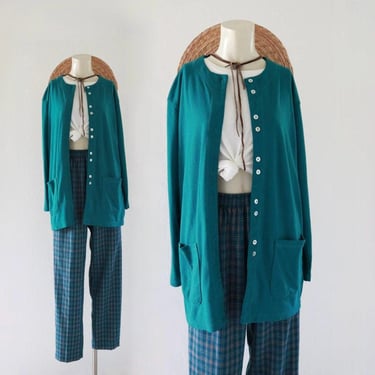 teal knit cardigan - s - vintage 90s y2k womens size small long sleeve button jacket shacket light lightweight 