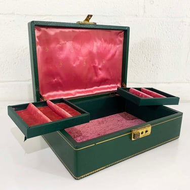 Vintage Green Small Jewelry Box Pink Gold Lining Ornate Case Velvet Vanity Retro Storage 1950s 