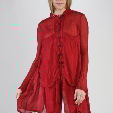 Open Back Button Up Sheer Blouse in SLATE CLOUD Only