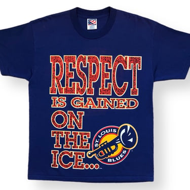 Vintage 90s St. Louis Blues Hockey “Respect is Gained On The Ice…Play The Game” Big Print Double Sided NHL Graphic T-Shirt Size Large 