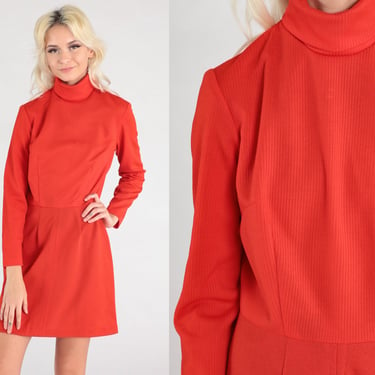60s Mod Turtleneck Dress Red Mod Mini High Waisted Vintage 70s Plain High Neck Long Sleeve 1970s Twiggy Gogo Small 