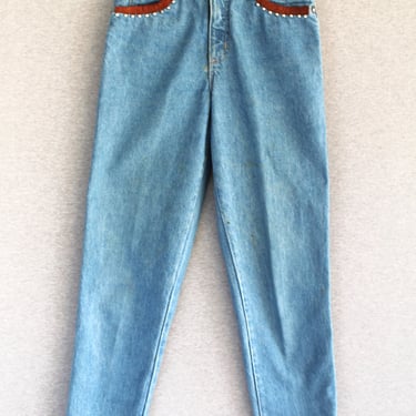1980-90s - High-Waisted - Leather Trimmed - Jeans - Western - by Cache - Marked size 4 