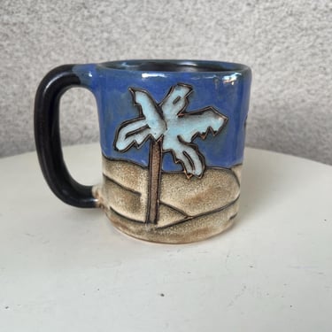 Vintage large pottery mug by Mara tropical palm trees theme. Size 4” x 3.5” 