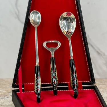 Silver Cocktail Set with Hand-painted Bird Handles, three pieces with case 