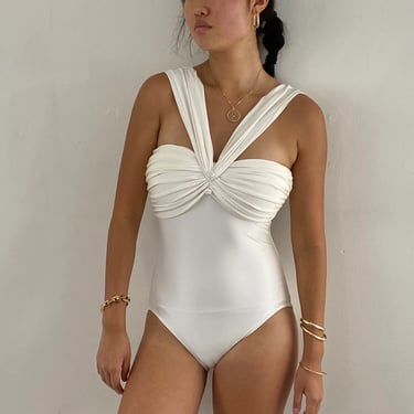90s Bill Blass swimsuit / vintage white Hollywood glamour ruched off shoulder one piece high cut swimsuit | Medium 