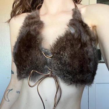 Woodstock era vintage brown rabbit fur with leather suede straps lace up halter top 