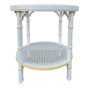 Round End Table with Faux Bamboo & Cane Rattan FREE SHIPPING - Vintage White Yellow Glass Top Side Chinoiserie Hollywood Regency Furniture 