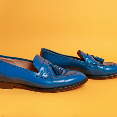2000s Bright Blue J Crew Loafers Vintage Classic Short Slip on Tassel Loafers Shoes 