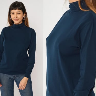 70s Mock Neck Shirt Roffe Ski Pullover Navy Blue Nylon Long Sleeve Top Basic Retro Simple Plain Vintage 1970s Men's Medium M 